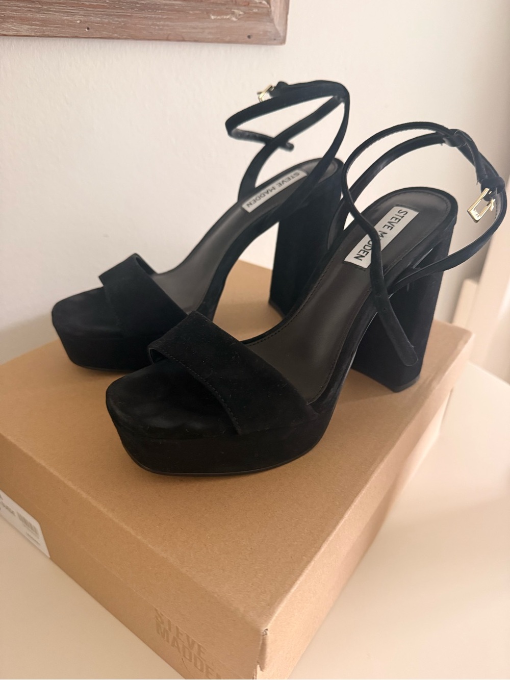 Steve Madden Black Suede Platform Block Heel Sandals with Ankle Strap